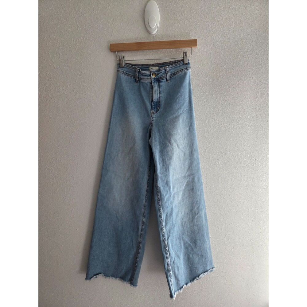 Billabong Women's 25 Wide Leg Jeans Light Wash High Rise Raw Frayed Hem